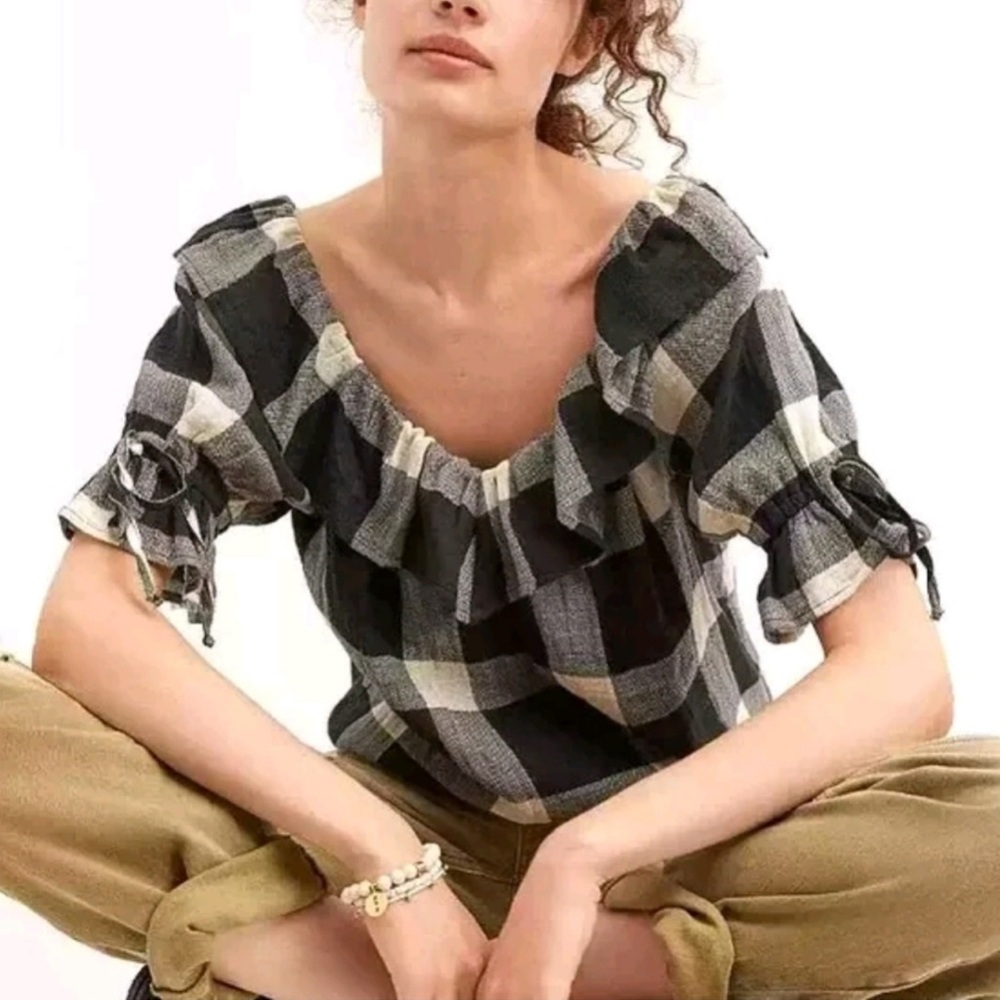 Anthropologie Porridge Buffalo Check Peasant Blouse